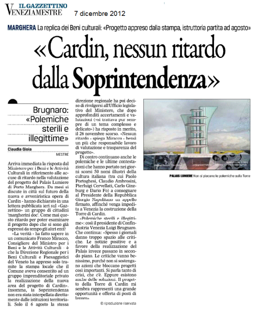 risposta miracco ministero beni culturali palis lumiere venezia gazzettino 7 dicembre 2012