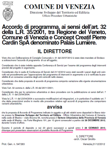 2012 12 21 Avviso pubblicazione Accordo Programma Comune di Venezia e Concept Creatif Pierre Cardin SpA su Palais Lumiere